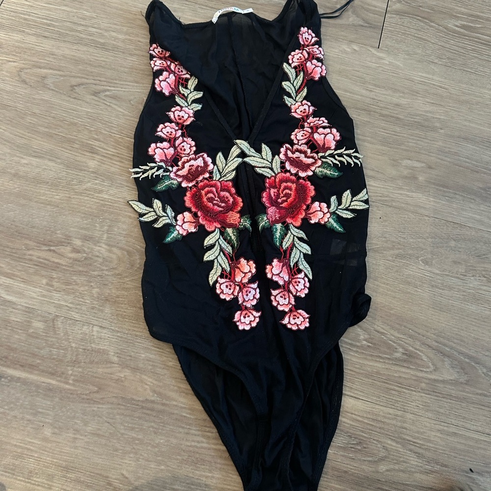 Urban Outfitters Black Bodysuit with Floral Embroidery
